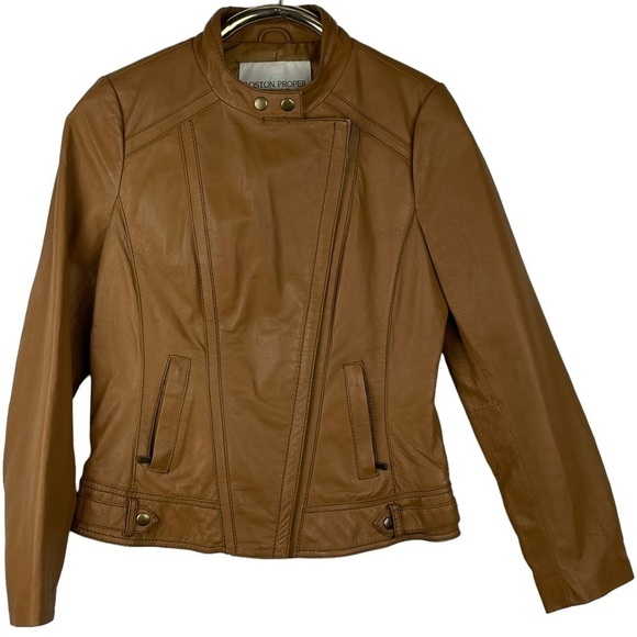 BOSTON PROPER LEATHER ASYMMETRIC ZIPPER STAND COLLAR TAN MOTO JACKET - Picture 3 of 15